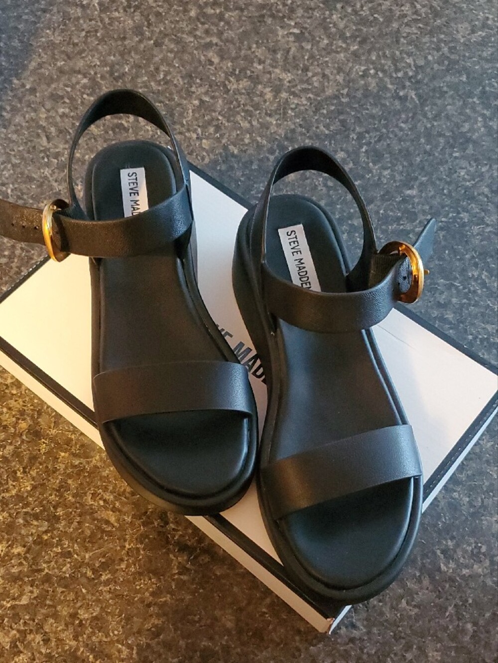 Steve Madden Black Leather Slingback Sandals with Gold Buckle - Picture 3 of 7